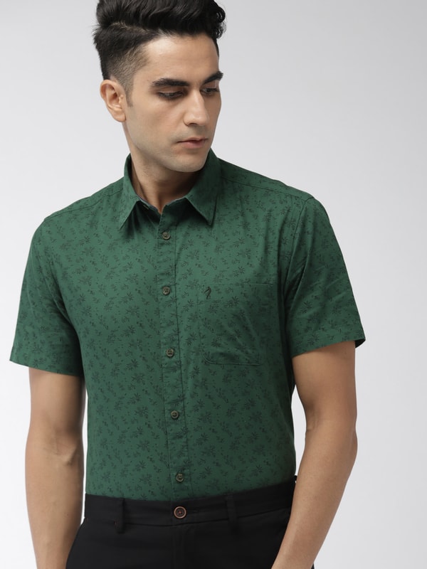 Mens Dark Green Printed Slim Fit Shirt